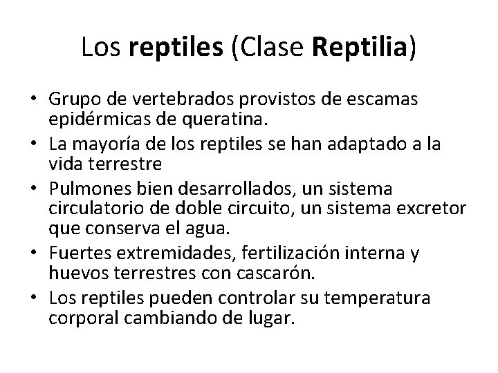 Los reptiles (Clase Reptilia) • Grupo de vertebrados provistos de escamas epidérmicas de queratina.