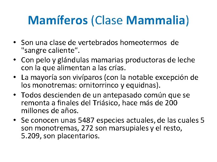 Mamíferos (Clase Mammalia) • Son una clase de vertebrados homeotermos de "sangre caliente“. •
