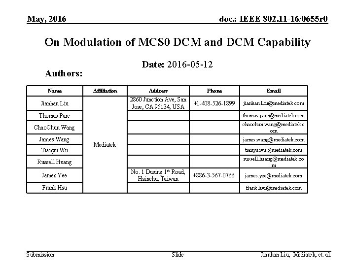 May, 2016 doc. : IEEE 802. 11 -16/0655 r 0 On Modulation of MCS