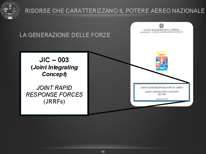 RISORSE CHE CARATTERIZZANO IL POTERE AEREO NAZIONALE LA GENERAZIONE DELLE FORZE JIC – 003