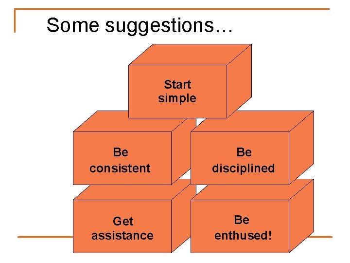 Some suggestions… Start simple Be consistent Be disciplined Get assistance Be enthused! 