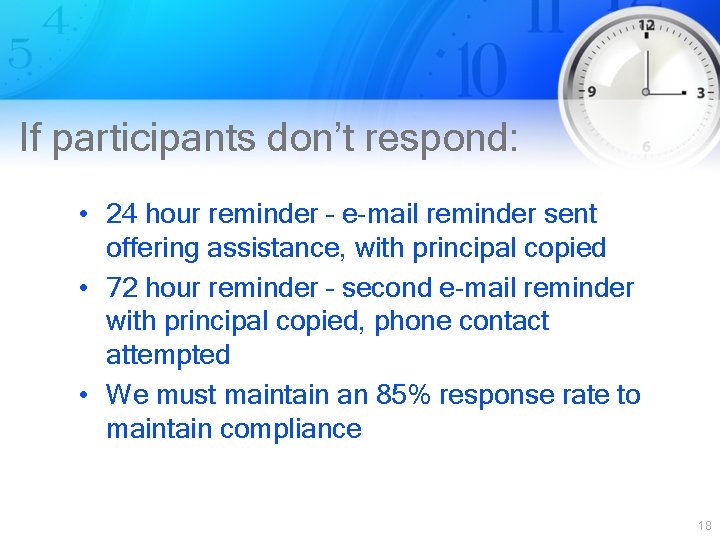 If participants don’t respond: • 24 hour reminder – e-mail reminder sent offering assistance,