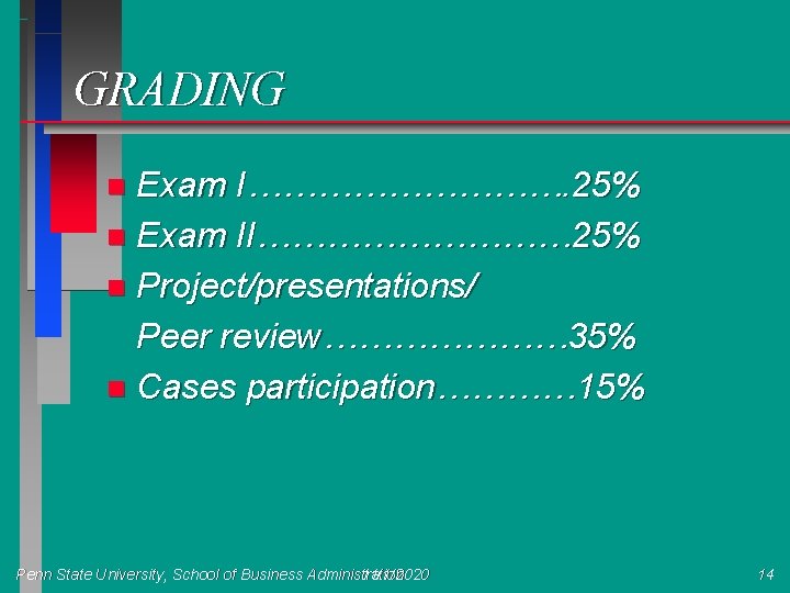 GRADING Exam I……………. 25% n Exam II…………… 25% n Project/presentations/ Peer review………………… 35% n