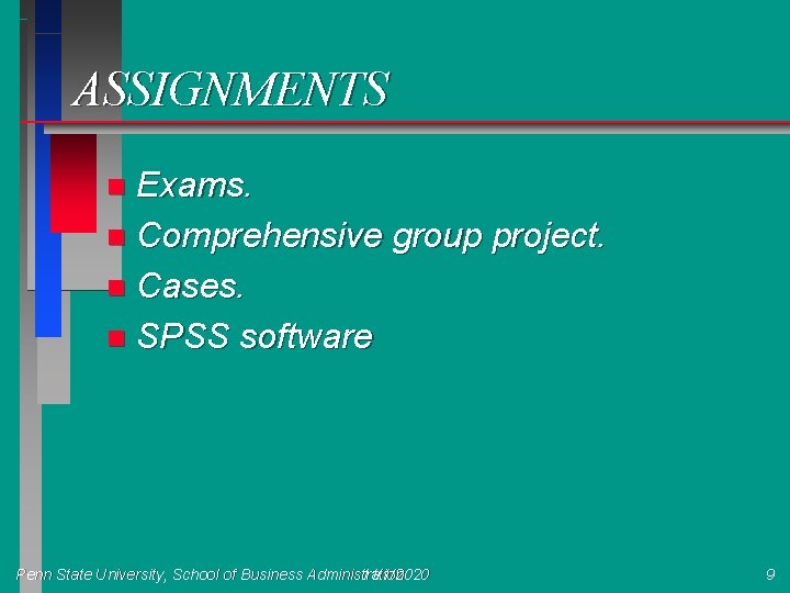 ASSIGNMENTS Exams. n Comprehensive group project. n Cases. n SPSS software n Penn State