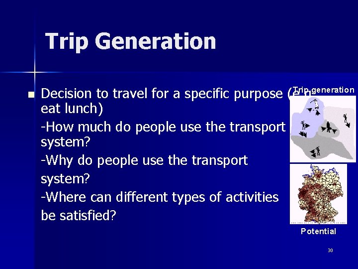 Trip Generation Trip generation Decision to travel for a specific purpose (e. g. eat