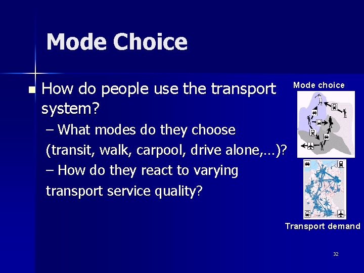 Mode Choice n How do people use the transport system? Mode choice – What