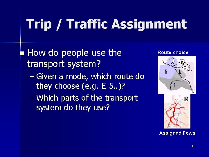 Trip / Traffic Assignment n How do people use the transport system? Route choice