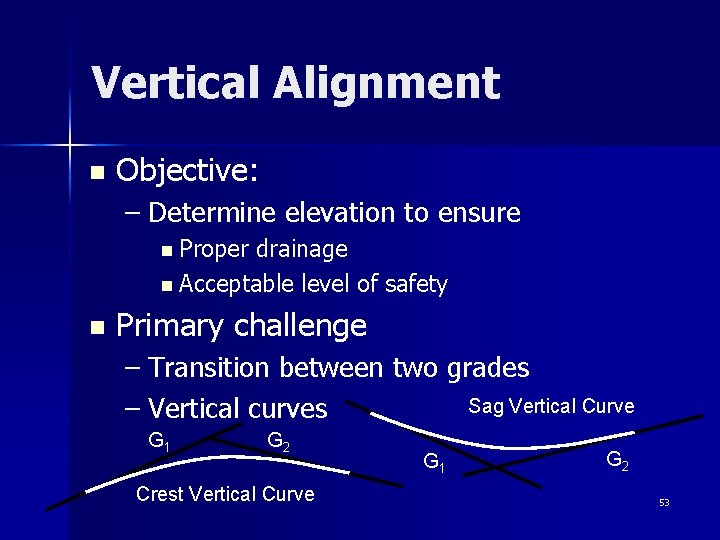 Vertical Alignment n Objective: – Determine elevation to ensure n Proper drainage n Acceptable