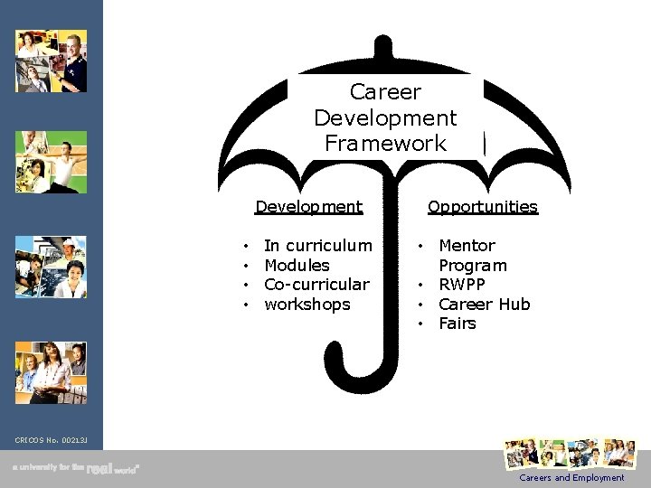 Career Development Framework Development • • In curriculum Modules Co-curricular workshops Opportunities • Mentor