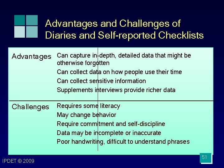 Advantages and Challenges of Diaries and Self-reported Checklists Advantages Can capture in-depth, detailed data