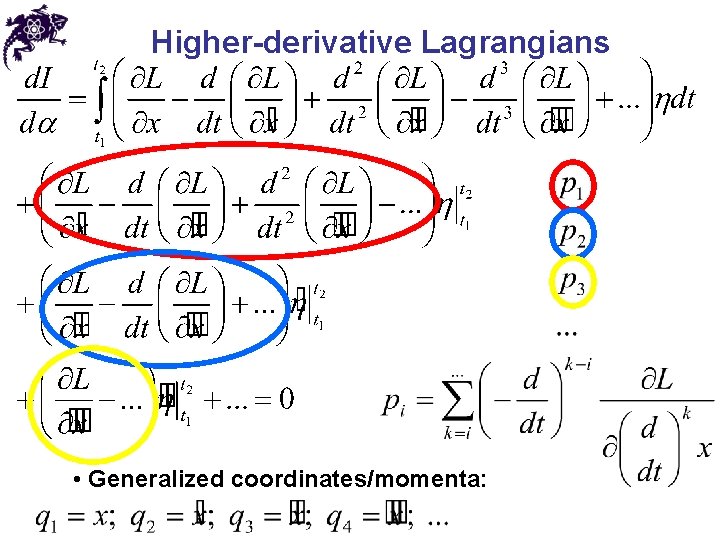 Higher-derivative Lagrangians • Generalized coordinates/momenta: 