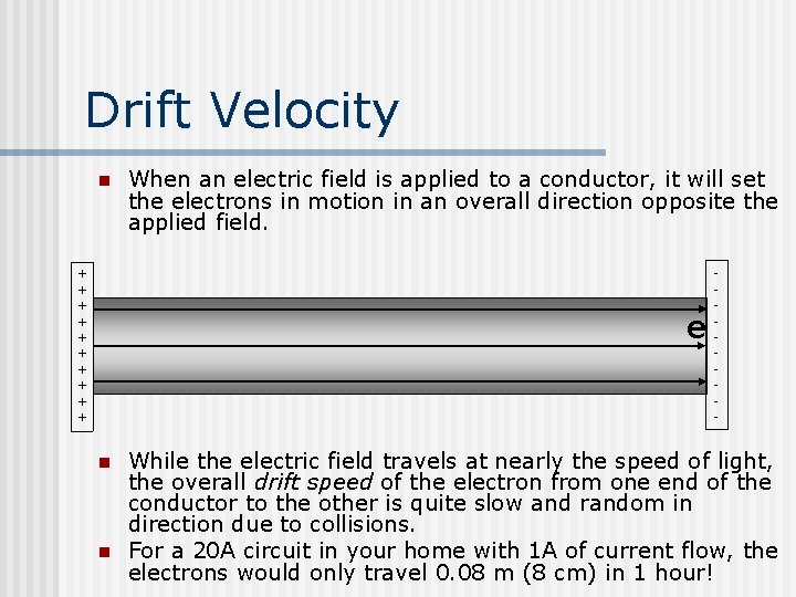 Drift Velocity n + + + + + When an electric field is applied