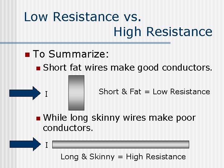 Low Resistance vs. High Resistance n To Summarize: n Short fat wires make good