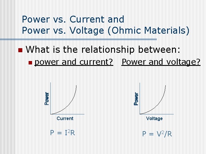 Power vs. Current and Power vs. Voltage (Ohmic Materials) n What is the relationship