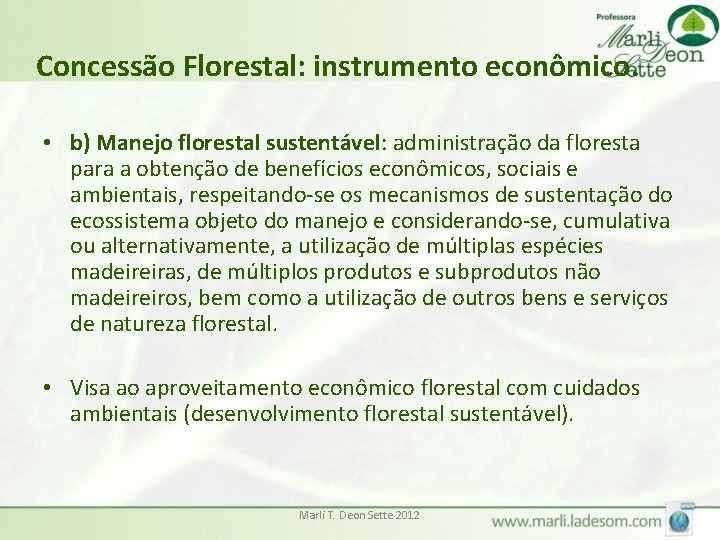 Concessão Florestal: instrumento econômico. • b) Manejo florestal sustentável: administração da floresta para a