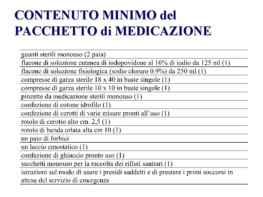 CONTENUTO MINIMO del PACCHETTO di MEDICAZIONE 