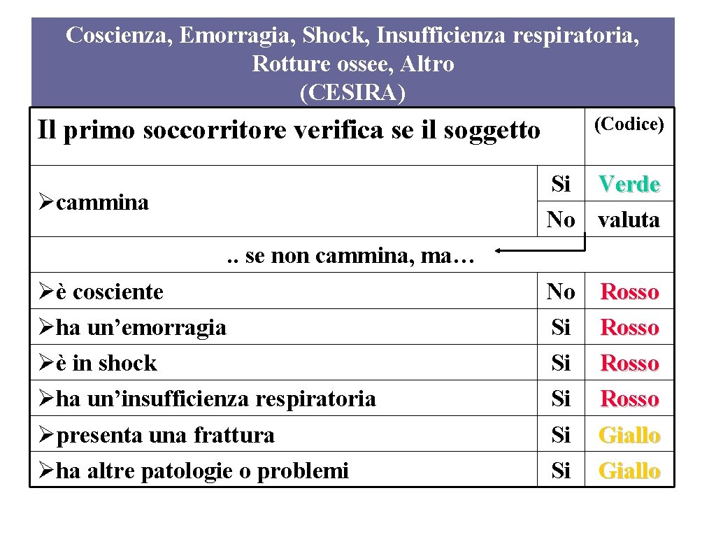 Coscienza, Emorragia, Shock, Insufficienza respiratoria, Rotture ossee, Altro (CESIRA) (Codice) Il primo soccorritore verifica