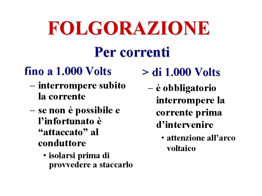 FOLGORAZIONE Per correnti fino a 1. 000 Volts – interrompere subito la corrente –