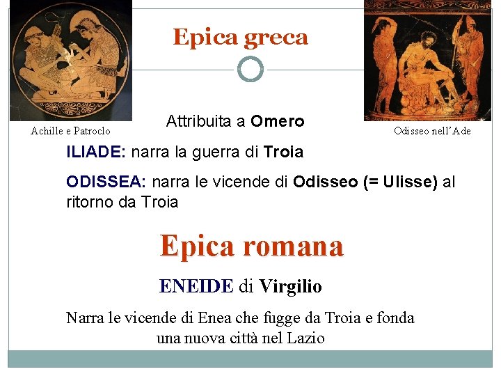 Epica greca Achille e Patroclo Attribuita a Omero Odisseo nell’Ade ILIADE: narra la guerra