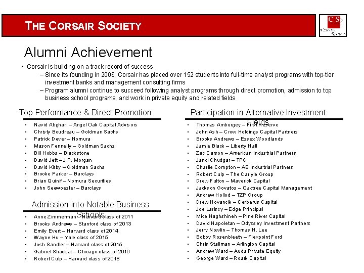 THE CORSAIR SOCIETY Alumni Achievement • Corsair is building on a track record of