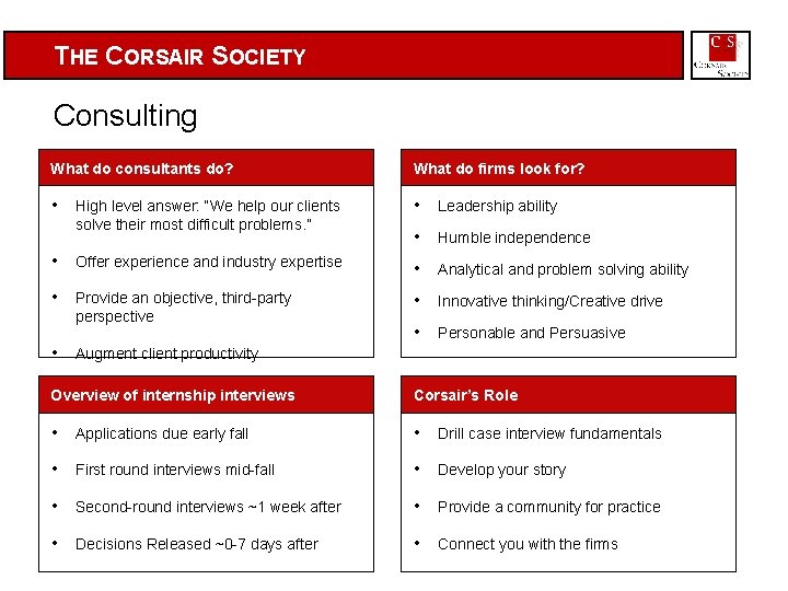 THE CORSAIR SOCIETY Consulting What do consultants do? What do firms look for? •