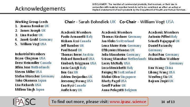 Acknowledgements Working Group Leads 1. Joanna Brunker UK 2. James Joseph UK 3. Lina