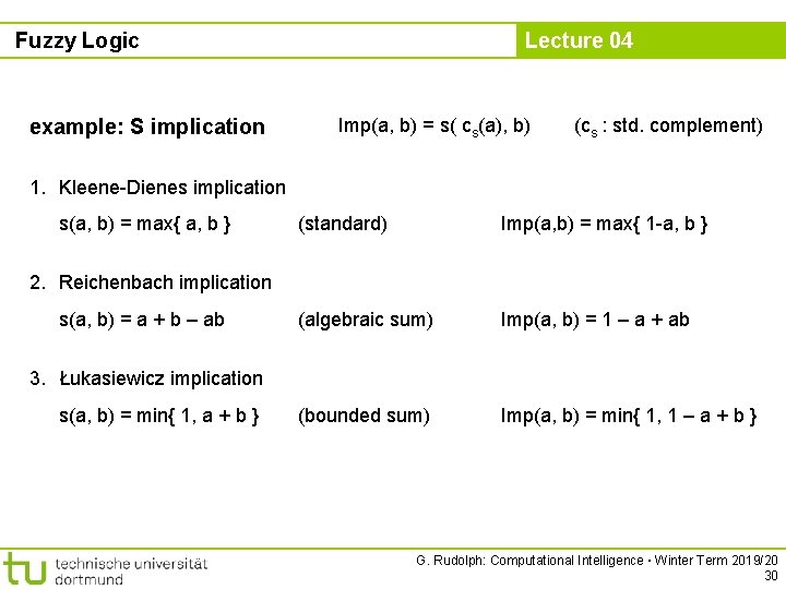 Fuzzy Logic example: S implication Lecture 04 Imp(a, b) = s( cs(a), b) (cs