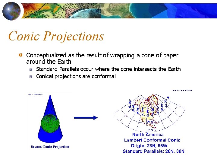 Conic Projections Conceptualized as the result of wrapping a cone of paper around the