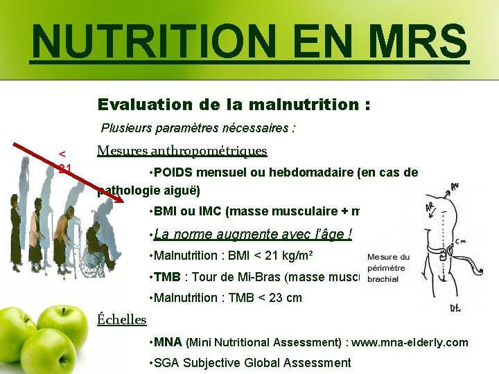 NUTRITION EN MRS Evaluation de la malnutrition : Plusieurs paramètres nécessaires : < 21