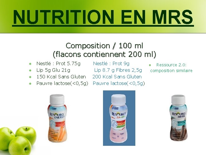 NUTRITION EN MRS Composition / 100 ml (flacons contiennent 200 ml) l l Nestlé