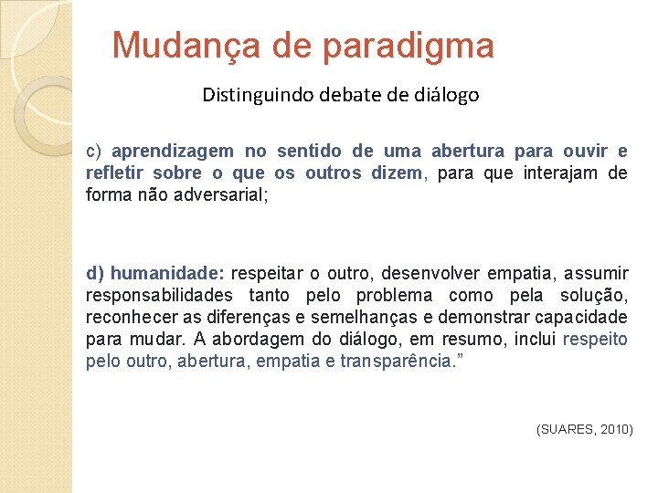 Mudança de paradigma Distinguindo debate de diálogo c) aprendizagem no sentido de uma abertura