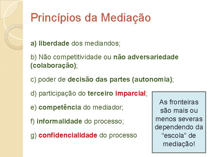 Princípios da Mediação a) liberdade dos mediandos; b) Não competitividade ou não adversariedade (colaboração);