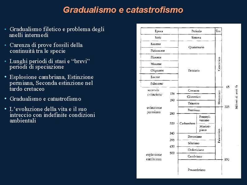 Gradualismo e catastrofismo • Gradualismo filetico e problema degli anelli intermedi • Carenza di