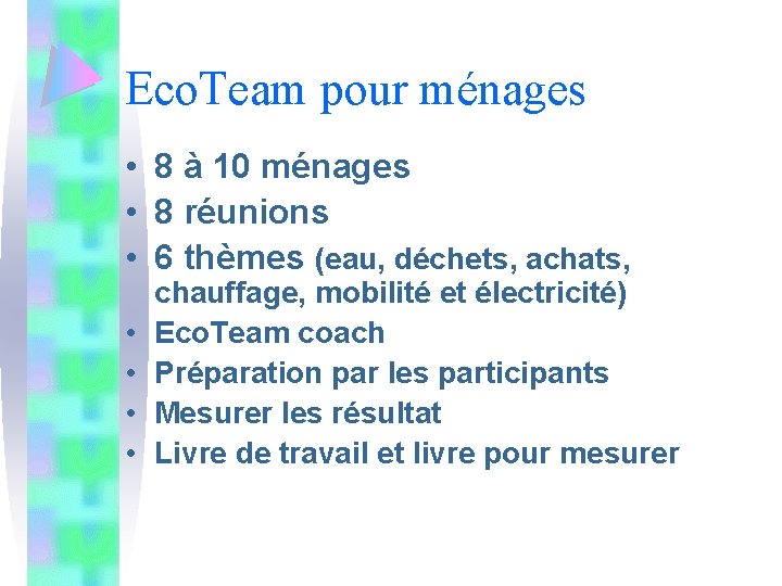 Eco. Team pour ménages • 8 à 10 ménages • 8 réunions • 6