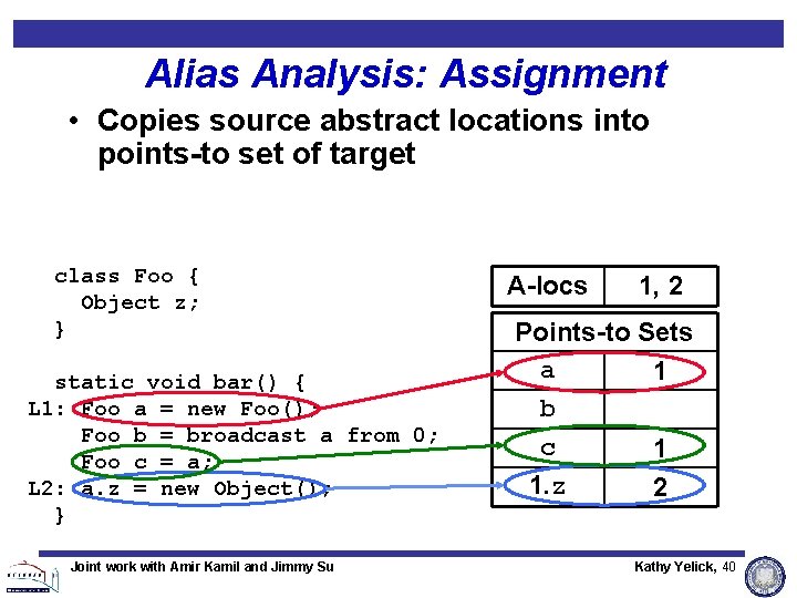 Alias Analysis: Assignment • Copies source abstract locations into points-to set of target class Alias Analysis: Assignment • Copies source abstract locations into points-to set of target class