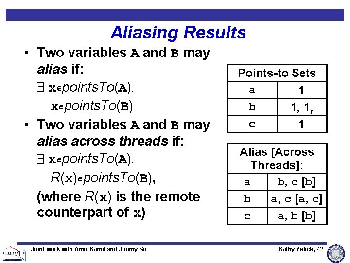 Aliasing Results • Two variables A and B may alias if: $ xÎpoints. To(A). Aliasing Results • Two variables A and B may alias if: $ xÎpoints. To(A).