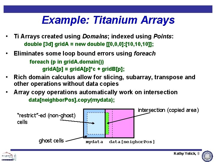 Example: Titanium Arrays • Ti Arrays created using Domains; indexed using Points: double [3 Example: Titanium Arrays • Ti Arrays created using Domains; indexed using Points: double [3