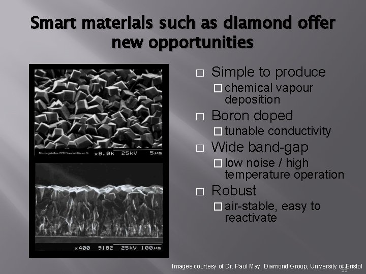 Smart materials such as diamond offer new opportunities � Simple to produce � chemical