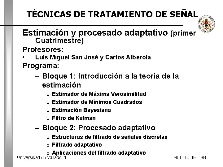 TÉCNICAS DE TRATAMIENTO DE SEÑAL Estimación y procesado adaptativo (primer Cuatrimestre) Profesores: • Luís