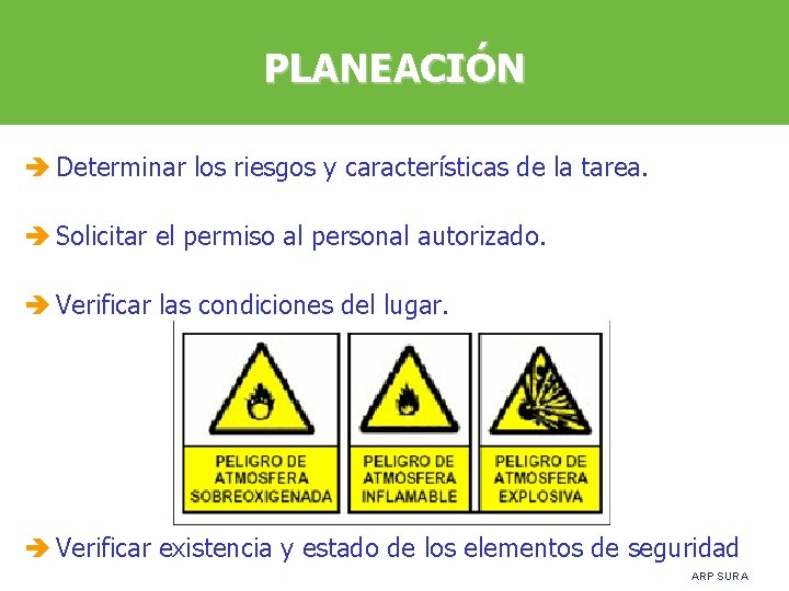 PLANEACIÓN è Determinar los riesgos y características de la tarea. è Solicitar el permiso