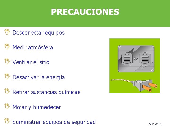 PRECAUCIONES I Desconectar equipos I Medir atmósfera I Ventilar el sitio I Desactivar la