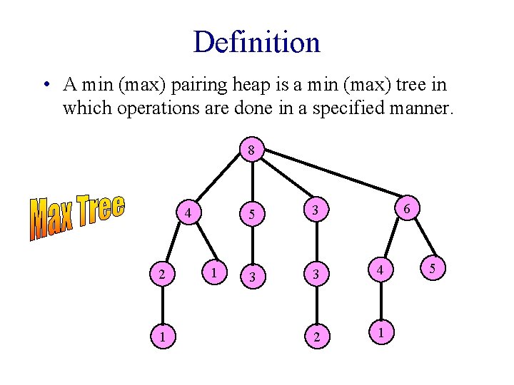 Definition • A min (max) pairing heap is a min (max) tree in which