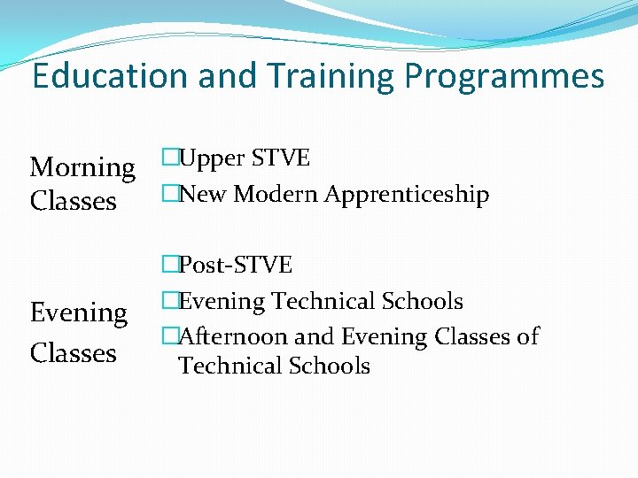 Education and Training Programmes Morning �Upper STVE Classes �New Modern Apprenticeship Evening Classes �Post-STVE