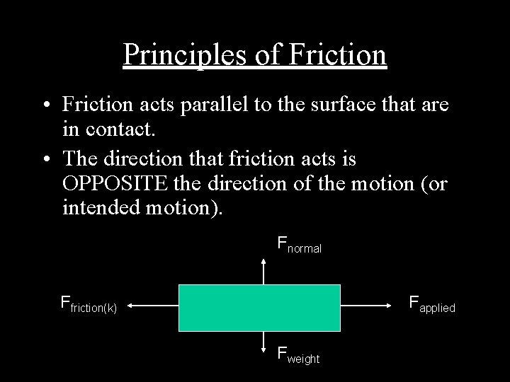 Principles of Friction • Friction acts parallel to the surface that are in contact.