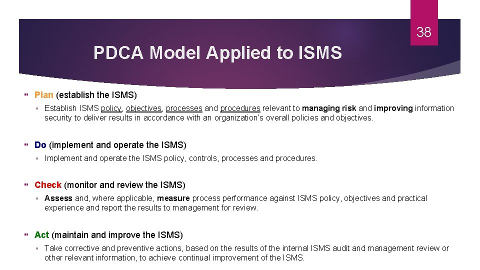 38 PDCA Model Applied to ISMS Plan (establish the ISMS) ◦ Establish ISMS policy,