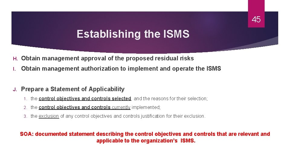 45 Establishing the ISMS H. Obtain management approval of the proposed residual risks I.