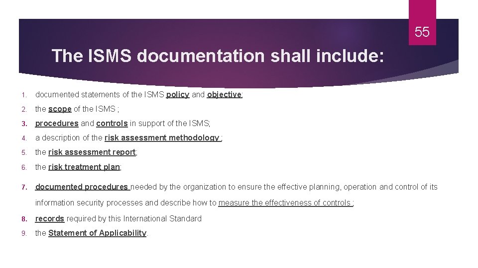 55 The ISMS documentation shall include: 1. documented statements of the ISMS policy and