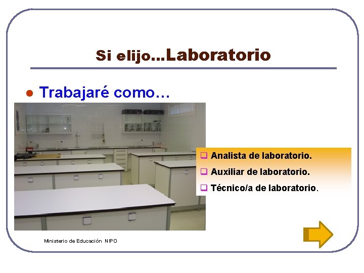 Si elijo…Laboratorio l Trabajaré como… q Analista de laboratorio. q Auxiliar de laboratorio. q