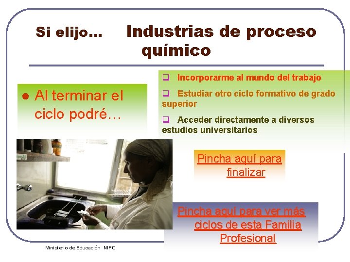 Si elijo… Industrias de proceso químico q Incorporarme al mundo del trabajo l Al