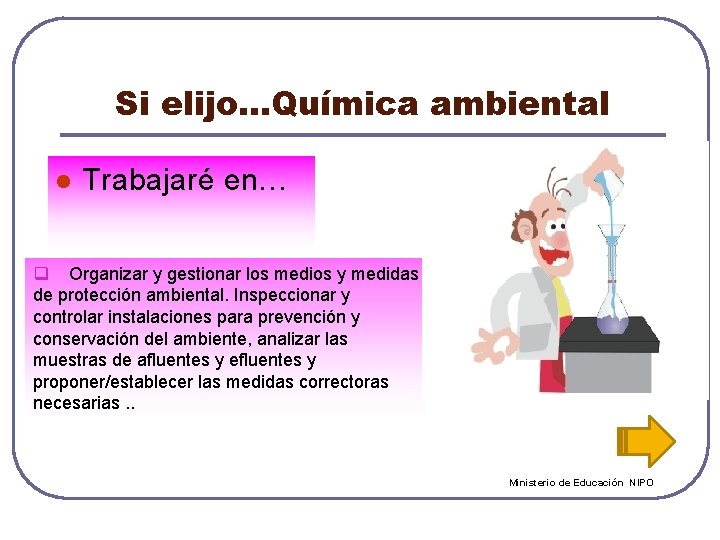 Si elijo…Química ambiental l Trabajaré en… q Organizar y gestionar los medios y medidas